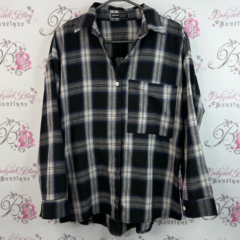 SHEIN button up long sleeve striped plaid Black and White Plaid Shirt